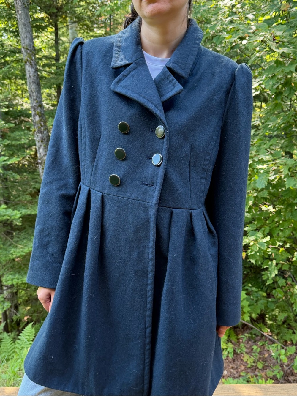 Betsey Johnson Navy Wool Blend Skirted Pea Coat Size 12 Leopard Lining - As Is